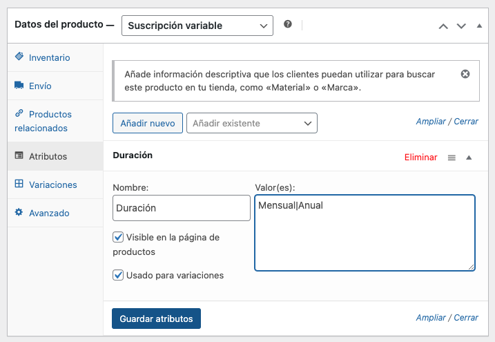 Atributos de la suscripción variable.