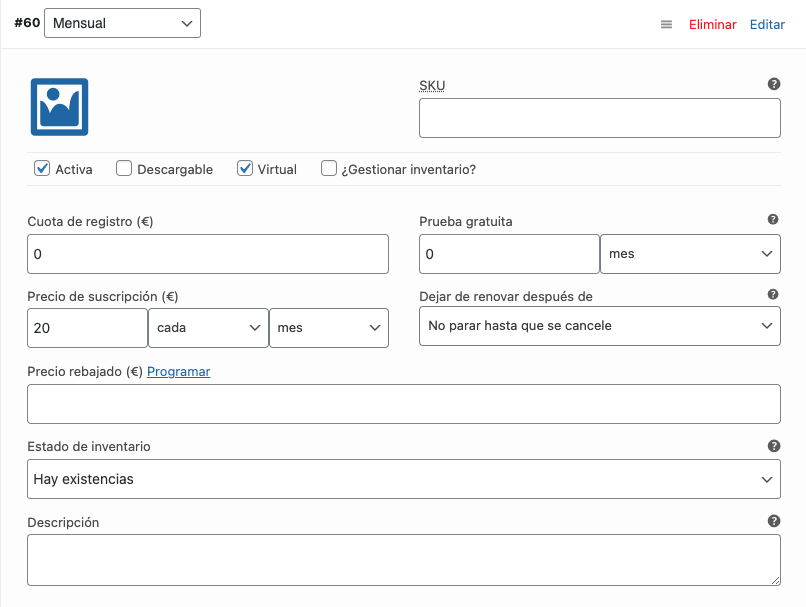 Opciones de una de las variables que hemos creado.