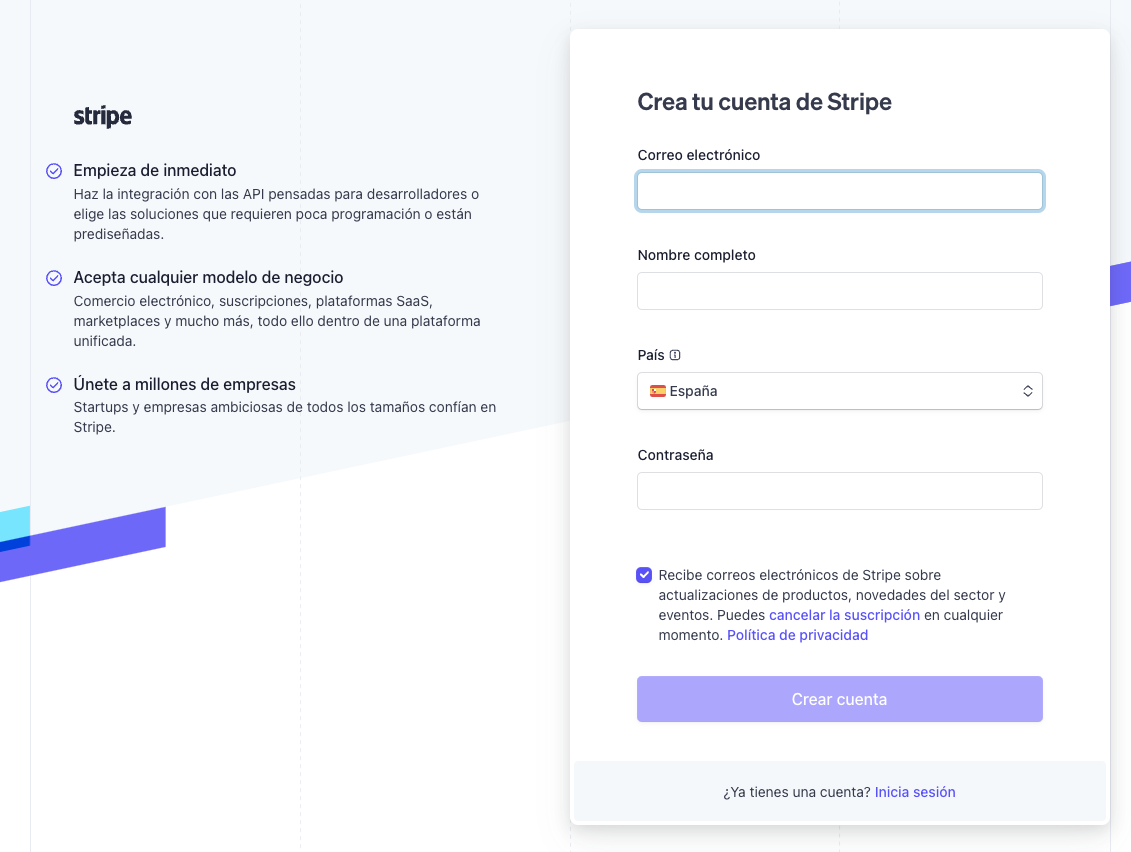 Crear una cuenta de Stripe.