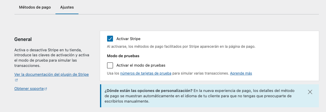 Configuración de Stripe en WooCommerce.