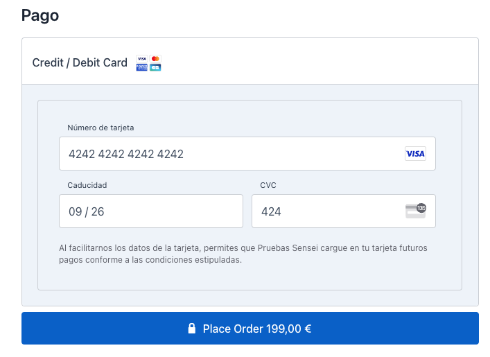 Tarjeta de pruebas de Stripe.