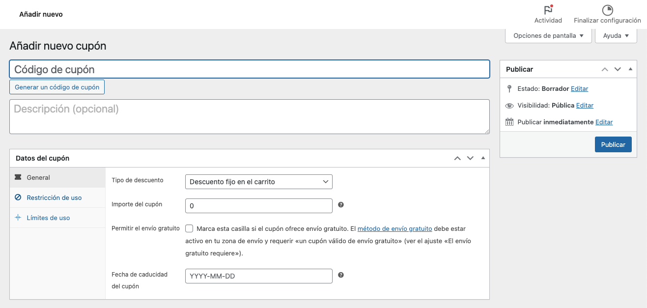 Añadir un nuevo cupón en WooCommerce
