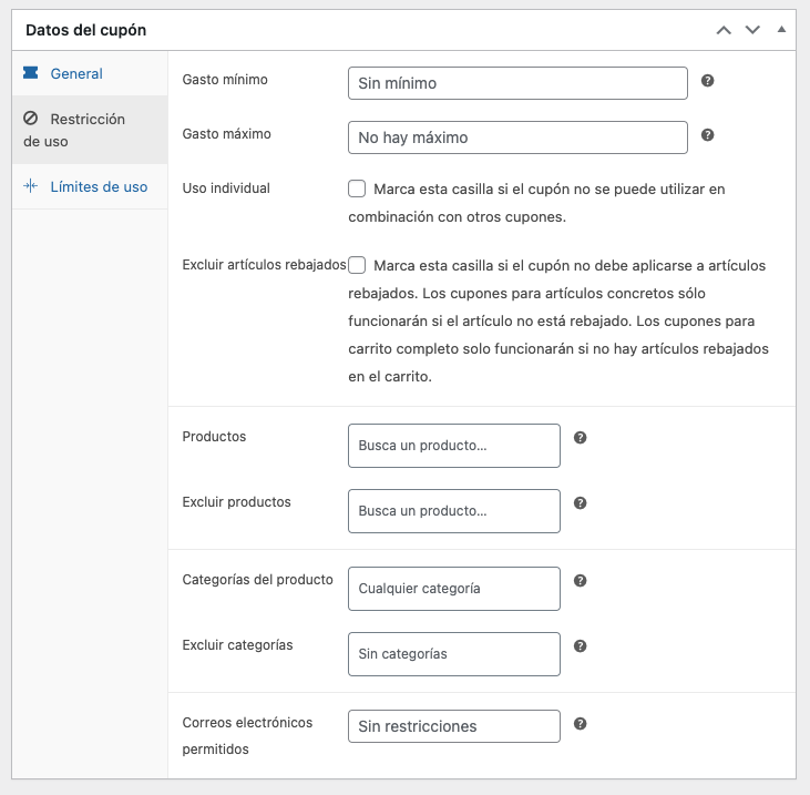 Restricciones de uso del cupón