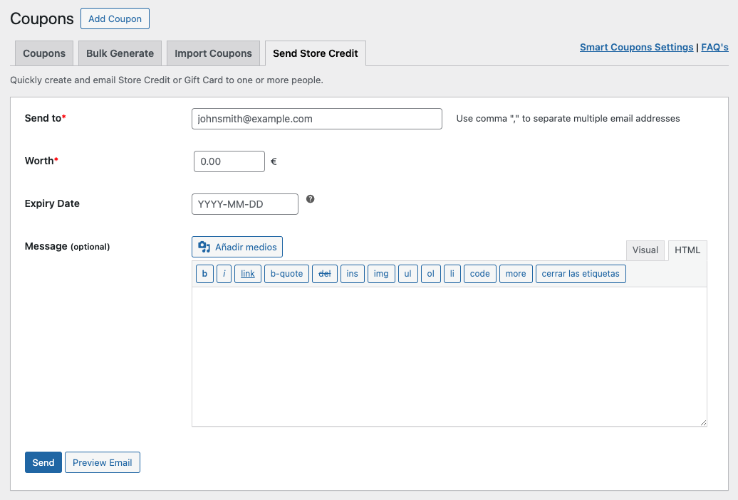 Apartado para enviar saldo de la tienda en WooCommerce