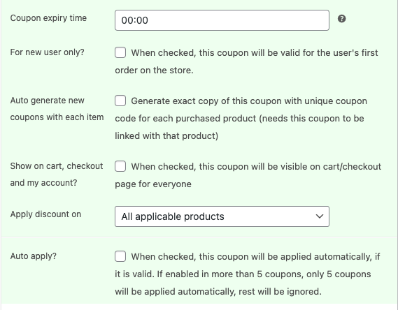 Opciones extra de Smart Coupons en la pestaña General de creación de cupones de WooCommerce.