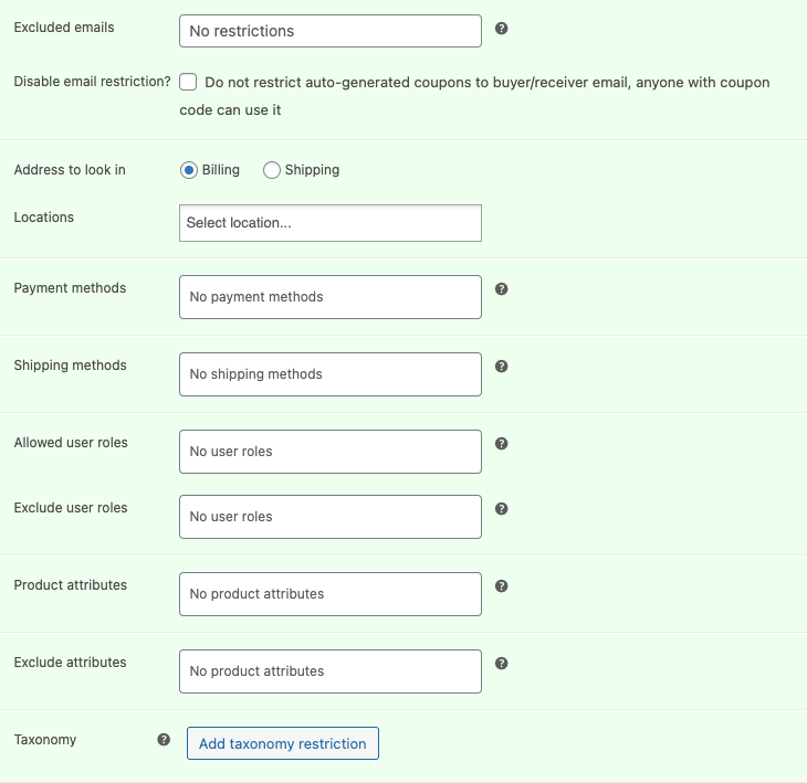 Opciones extra de Smart Coupons en la pestaña de Restricción de uso de creación de cupones de WooCommerce.