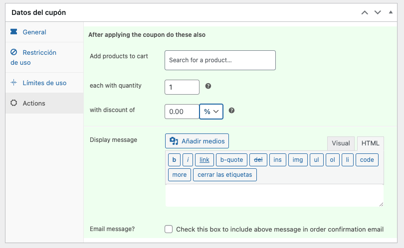 Apartado de acciones de Smart Coupons, para añadir productos al carrito cuando se aplica un cupón de descuento de WooCommerce.